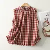 Foto Real de un Top sin Mangas de Cuadros Rojos que Realza el Cutis, Nuevo Estilo Coreano de Verano Versátil Holgado Camisa Babydoll con Cuello de Corbata