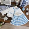 Traje de estilo fragante para niñas, primavera y otoño, nuevo abrigo estilo extranjero Bao para mujer, falda a cuadros azul y blanca, conjunto de dos piezas BCB126