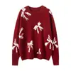 Suéter de Cashmere 100% Novo 2025 Feminino Gola Redonda Design de Laço Grande Tricotado Peça Externa Suéter Solto de Gola Redonda