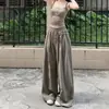 Pantalones de pierna ancha casuales de verano finos para mujer, color verde grisáceo, tiro alto, corte holgado, estilo americano, con botón y cordón