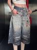 Kakamee Treze Linhas Verão Nicho Design Trendy Corrente Urso Jeans Cropped Pintado por Spray