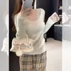 Top de Punto Atractivo con Ribete de Encaje en V de Manga Larga para Mujer, Nuevo Otoño Ajustado Adelgazante Camisa Básica de Chica Atrevida