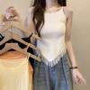 Colete Irregular Estilo Retrô com Franjas e Decote Halter para Mulheres Verão Novo Estilo Fashionável Redutor de Idade Slim Curto Tendência