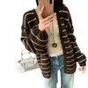 Cárdigan de punto a rayas con bloques de color, de estilo coreano y corte relajado para mujer, con mangas tipo farol amplias, tela suave y engrosada, y un diseño casual, perfecto para otoño e invierno