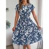 Ropa de mujer de estación independiente 2025 primavera y verano nuevo comercio exterior casual manga corta vestido floral con cordones falda plisada
