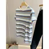 Rayas Clásicas Versátiles ~ Camiseta Básica Versátil ~ Rayas Arcoíris Adelgazante y Blanqueadora Cuello Redondo Casual de Manga Corta para Mujer Verano