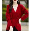 Cárdigan de Lana Pura con Cordones y Cuello en V de Diseño para Mujer Moda Otoño Invierno 2024 Top Chaqueta Tejida Holgada Combinable
