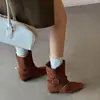 Fivela de Cinto Botas Curtas de Salto Médio para Mulheres Estilo Coreano Bico Quadrado Botas Curtas Outono e Inverno Novo Couro de Vaca Manga Dupla Uso Botas Curtas Femininas