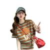 Camiseta de Algodão Solta com Listras Color Block de Alta Qualidade para Mulheres, Top Estampado de Comprimento Médio Estilo Europeu Oversized Emagrecedor Tendência