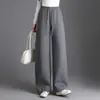 Calça feminina azul marinho reta de perna larga, estilo simples outono 2026 novo, cintura elástica, calça esportiva casual reta com caimento