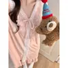 Bata de Coral Fleece para Mujer, Manga Larga Otoño/Invierno, Estilo Dulce Coreano, Ribete de Encaje, Longitud Media, Ropa de Casa