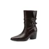 Elegantes y versátiles botas de cuero estilo coreano para mujer, con tacón grueso, punta cuadrada y longitud hasta la mitad de la pantorrilla, perfectas para otoño e invierno 2026