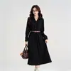 Vestido longo de outono estilo academia, preto, manga longa, gola de camisa com botões, para mulheres, cintura marcada, saia em A, atacado transfronteiriço