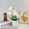 2 Garfos e 5 Flores Phalaenopsis Simuladas Vaso Redondo Enfeites Película com Toque Real Flor Artificial em Vaso Decoração Sala de Estar Varanda Planta Verde Bonsai