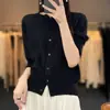 Cardigan de punto corto de algodón con cuello redondo liso, manga abullonada, cierre de botón, manga corta, adelgazante, elegante, para commuting, mujer