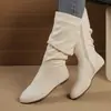 Botas Largas de Tacón Grueso Apilado Otoño Invierno para Mujer, Botas Altas Planas Arrugadas Mate, Botas Largas Estilo Caballero Western Retro