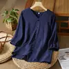 Top Casual Suelto de Moda para Mujer de Verano, Bordado Retro de Algodón y Lino, Cuello en V, Manga Media, Tallas Grandes para Mujeres de Mediana Edad