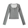 Camiseta Manga Longa Gola Redonda de Botão Único Estilo Desejo Puro para Mulheres, Corte Slim, Cintura Alta, Curta, Ombro Normal, Camiseta Base