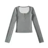 Camiseta de Manga Larga con Cuello Redondo y Botones Sencillos Estilo Deseo Puro para Mujer, Aspecto Adelgazante, Color Sólido, Camiseta Básica, Tiro Alto, Top Corto de un Solo Hombro