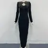 Vestido Estilo Europeu e Americano, Roupa Feminina Transfronteiriça, Design Vazado com Strass, Manga Longa, Ajuste ao Corpo, Vestido de Bandagem de Alta Qualidade, Vestido de Festa