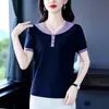 Camiseta de Seda de Gelo de Manga Curta de Alta Qualidade 2026 para Mulheres, Verão, Mãe, Gola Azul Marinho, Solta, Moderna, Estilosa, Blusa Casual