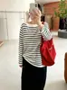 Top de punto a rayas holgado de un solo hombro para mujer talla grande Mujer 2026 Otoño Diseño talla grande Top con cordón