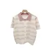 Cárdigan de punto con bloques de color retro a rayas, cuello polo, recorte en forma de corazón para mujer, top de verano de alta gama ajustado de manga corta para mujer
