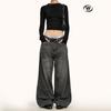 Yongfang Jeans Americanos Retrô Vibe High Street Feng Shui Lavados para Homens e Mulheres Forrados com Lã Soltos Modelagem Emagrecedora Calças Cleanfit