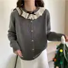 Suéter de Gola Redonda com Laço de Renda Retro Francês Feminino Primavera e Outono Novo Doce Estilo Coreano Cardigã Jaqueta Tricotado Xadrez