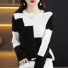 Suéter Pulôver Tricotado 100% Lã Gola Redonda Estilo Coreano Cor Sólida Blocos de Cor Intársia Slim-fit Slim-fit para o Trabalho Outono Novo