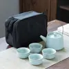 Juego de Té de Viaje Ge Yao Juego de Cerámica Juego de Té Una Tetera Cuatro Tazas Caja de Cuero de Vaca Kung Fu Caja de Regalo Regalo Pequeño