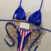 Conjunto de Bikini Asimétrico con Rayas Estrelladas Atmosférico para Mujer, Copas de Triángulo, Cuello Halter, Doble Tirante, Pierna Alta, Ropa de Baño para Vacaciones