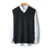 Colete Masculino de Moda 100% Lã Pura Gola V Outono Inverno Novo Cor Sólida Sem Mangas Tricô Colete Suéter