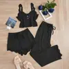 Popular Conjunto de Tres Piezas con Ribete de Encaje Transfronterizo: Camisola, Shorts, Pantalones Largos, Ropa de Dormir Elástica Ajustada para Mujer