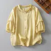 Blusa Top Feminina Verão Algodão Linho Patchwork Manga Curta Gola de Renda Bordada Camisa de Linho Soltinha Babados