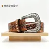 Cinturón de Cuero Tachonado Estilo Western Vintage con Hebilla Metálica Tallada Retro, Cinturón Minimalista de Nicho con Estilo Étnico Único