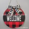 Decoração de Porta de Natal Placa Pendurada Decoração de Casa de Madeira Placa Pendurada na Porta Xadrez Vermelho de Natal Pingente WELCOME
