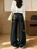 Jeans Denim Workwear Azul Escuro Retrô Tamanho Grande para Mulheres Gordas Estilo de Rua Americano Calças de Perna Larga Soltas Emagrecedoras