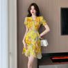 Vestido de chiffon floral retrô francês estilo férias, roupas femininas transfronteiriças, verão, nova saia irregular de praia Sanya