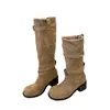 Botas plisadas apiladas para mujer con tacones gruesos, botas largas adelgazantes de suela gruesa, nuevas botas de estilo western para primavera y otoño 2026, botas de montar a media pantorrilla