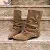 Botas de Cano Curto com Bico Fino, Babados no Tornozelo e Rebites, Estilo Cowboy Ocidental Martin Boots Outono Retrô Botas Slim para Mulheres