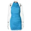 Roupas Femininas Europeias e Americanas Cor Sólida Simples Roupa de Menina Popular Vestido de Gola Halter Temperamento Sexy Babados Mostram a Forma do Bumbum Bodycon Mini Saia