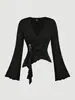 Roupas Femininas Transfronteiriças Europeias e Americanas Outono Nova Camiseta Amazon Cor Sólida Decote V Sexy Irregular Manga Longa para Mulheres
