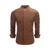 Camisa de hombre estilo chino con cuello mao y tapeta oculta, camisa de manga larga con textura de lino, ropa suelta y casual para hombre al por mayor