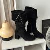 Botas de Montaria de Salto Grosso com Design Versátil Vintage para Mulheres Outono/Inverno 2025 Botas de Moda Camurça Mesclada