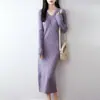 Vestido de punto elegante y sofisticado para mujer, 100% lana pura, cuello en V, corte ajustado, largo por encima de la rodilla, jersey de manga larga