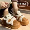 Inverno 2025 Novo Pelúcia Orelha de Coelho Velcro Sapatos Femininos com Roupa Exterior Chinelos Casuais Domésticos Chinelos de Algodão