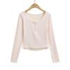 6146-25 Estilo Verão Novo Estilo Coreano Estilo Menina Estilo Puro Sedutor Renda Cor Contrastante Falso Duas Peças Manga Longa Top Camiseta