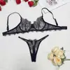 Roupa interior europeia e americana peito grande pequena perspectiva francesa cílios laço sutiã fino tanga cueca feminina terno atacado