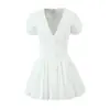 Vestido Blanco Primer Amor Mangas Abullonadas Francesas Reductoras de Edad Cuello en V Profundo Cintura Pura Deseo Vestido Adelgazante Falda con Costuras de Vacaciones